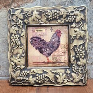 Rooster Plaque Plate Pair Ceramic Square 3D Grape Vine Frame
